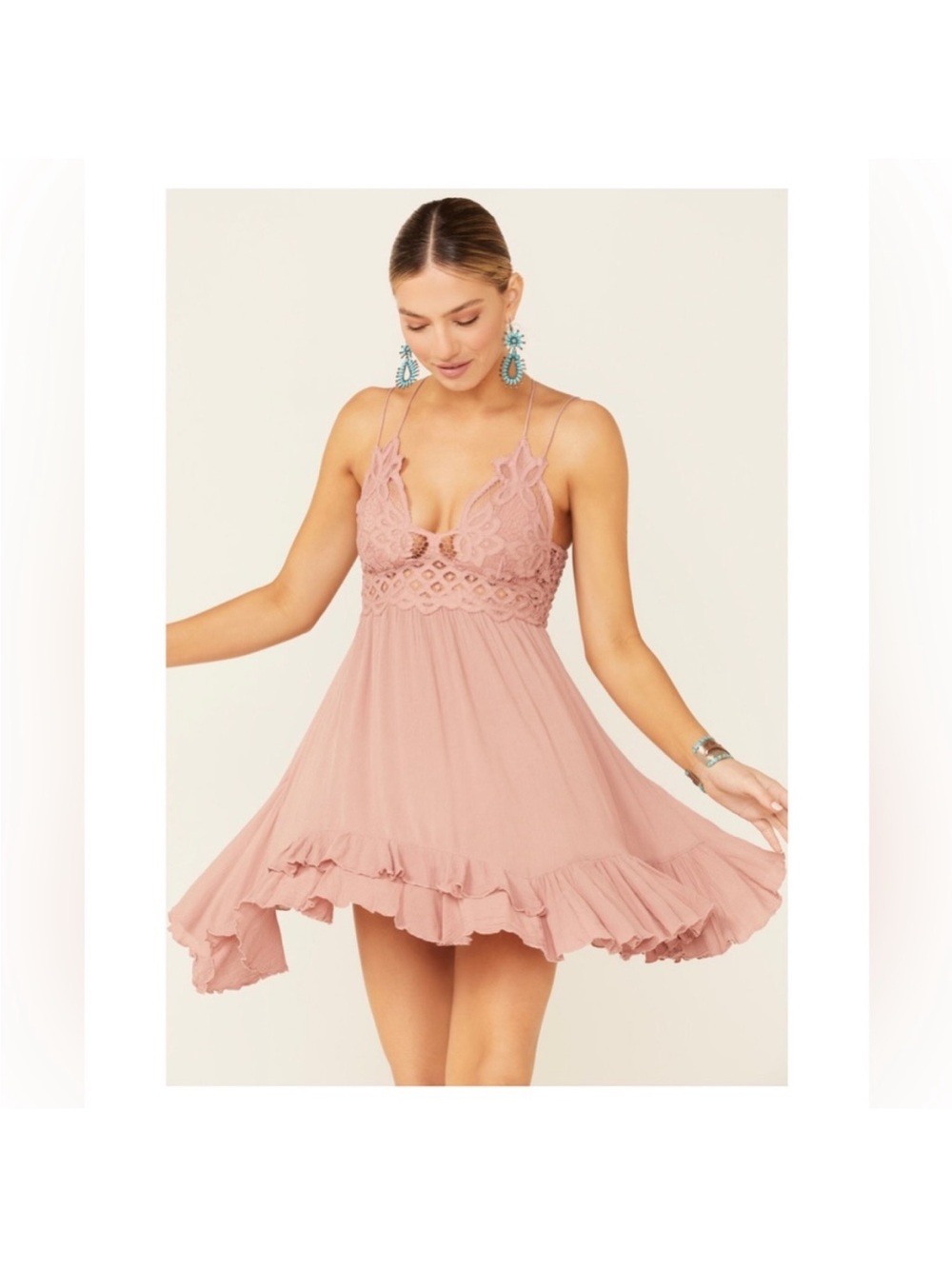 FREE PEOPLE ADELLA Lace-Trim Mauve Rose Pink  Swing Dress Size S